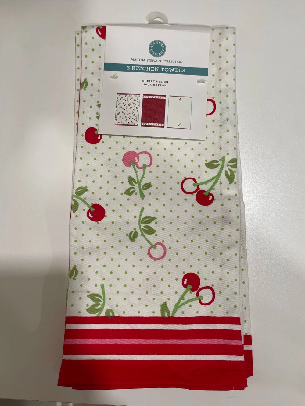 Martha Stewart Cherry Dot Cotton Kitchen Towels - Red, Green, White